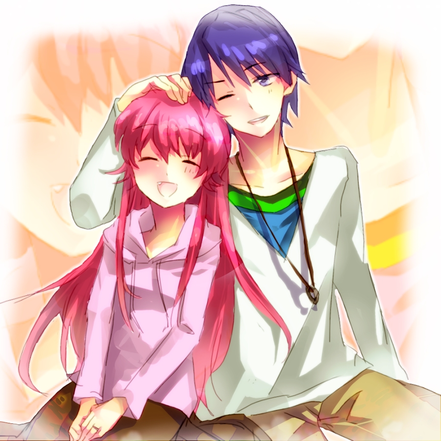 10s, 1boy, 1girl, alternate_costume, angel_beats!, casual, couple, closed_eyes, fang, hetero, hinata_hideki, hood, hoodie, long_hair, machimori, one_eye_closed, pink_hair, purple_eyes, purple_hair, short_hair, yui_(angel_beats!), zoom_layer