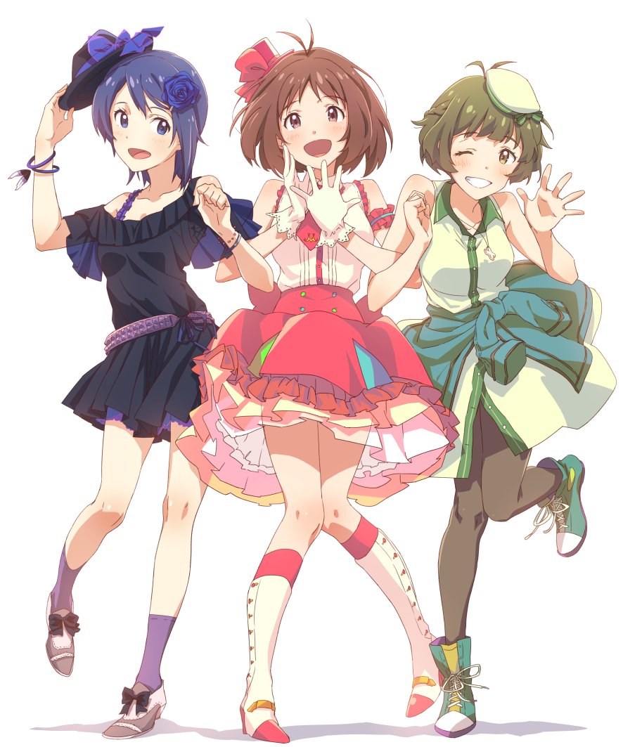 1boy, 2girls, akizuki_ryo, ankle_boots, antenna_hair, arm_guards, bare_shoulders, black_dress