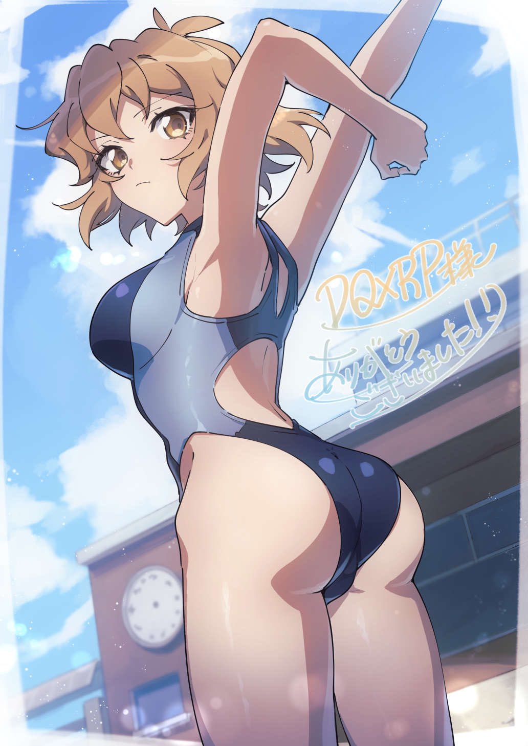 1girl, arms_up, ass, blue_one-piece_swimsuit, breasts, brown_hair, competition_swimsuit, from_behind, highleg, highleg_one-piece_swimsuit, highres, looking_at_viewer, looking_back, lydian_academy_swimsuit, medium_breasts, one-piece_swimsuit, orange_eyes, outdoors, senki_zesshou_symphogear, senki_zesshou_symphogear_xd_unlimited, shiny_clothes, shiny_skin, short_hair, solo, standing, swimsuit, tachibana_hibiki_(another)_(symphogear), tachibana_hibiki_(symphogear), yukitsuba_hina