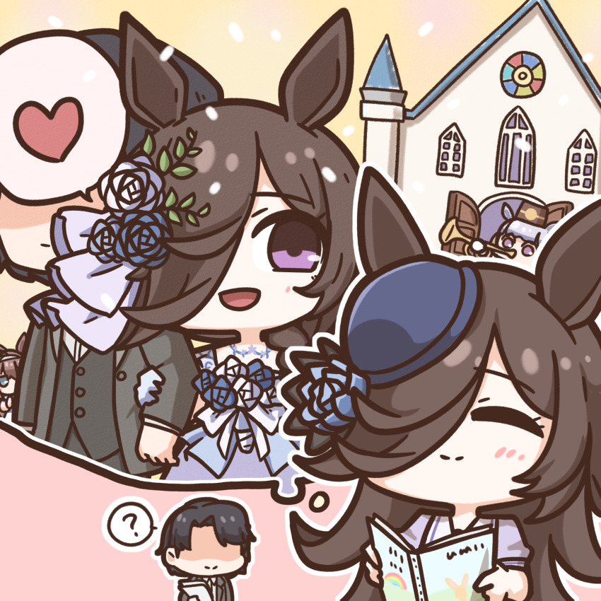 1boy, 1girl, 1koma, ?, animal_ears, blue_eyes, blue_flower, blue_headwear, blue_rose, blunt_bangs, blush_stickers, book, bouquet, brown_hair, brown_headwear, church, closed_eyes, comic, commentary, dress, faceless, faceless_male, fascinator, flipped_hair, flower, forgemod1oader, gold_ship_(umamusume), grey_hair, hair_ornament, hair_over_one_eye, hairband, hat, hat_flower, heart, highres, holding, holding_another's_arm, holding_book, holding_bouquet, holding_instrument, horse_ears, horse_girl, imagining, instrument, korean_commentary, long_hair, long_sleeves, mihono_bourbon_(umamusume), music, name_connection, object_namesake, open_door, open_mouth, outline, picture_book, pillbox_hat, pink_background, playing_instrument, puffy_short_sleeves, puffy_sleeves, purple_eyes, purple_shirt, rabbit, rainbow, rice, rice_shower_(umamusume), rose, sailor_collar, sailor_shirt, school_uniform, shirt, short_hair, short_sleeves, silent_comic, speech_bubble, spoken_heart, spoken_question_mark, stained_glass, summer_uniform, swept_bangs, thought_bubble, tilted_headwear, tracen_school_uniform, trainer_(umamusume), trumpet, tuxedo, umamusume, wedding, wedding_dress, white_sailor_collar