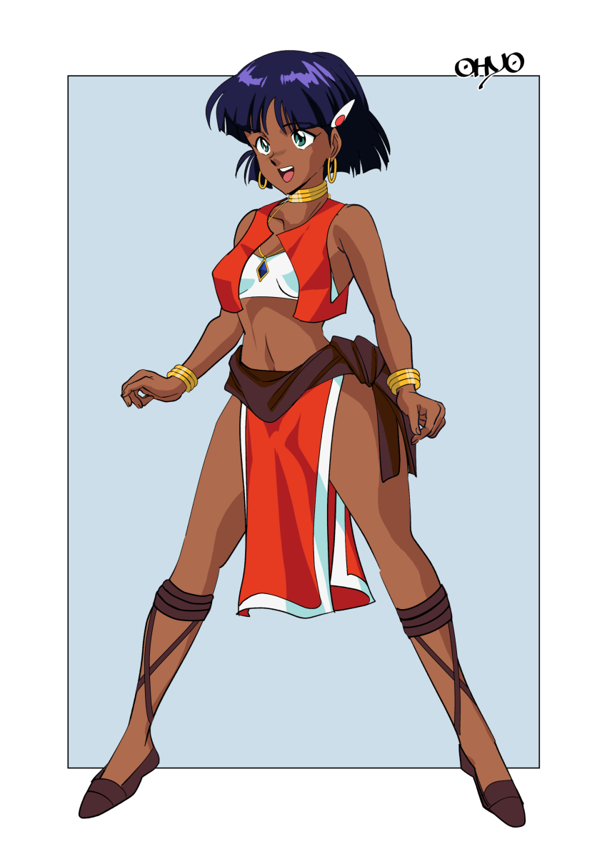 1girl, :d, absurdres, bandeau, bob_cut, bracelet, breasts, commentary_request