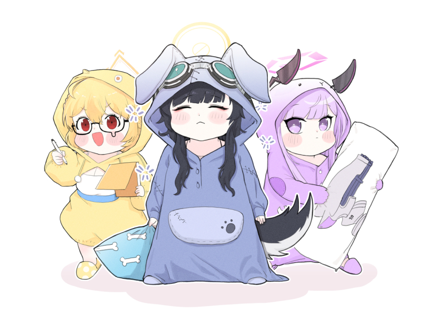 3girls, :d, ahoge, alternate_costume, animal_costume, animal_ears, animal_hood, black_hair