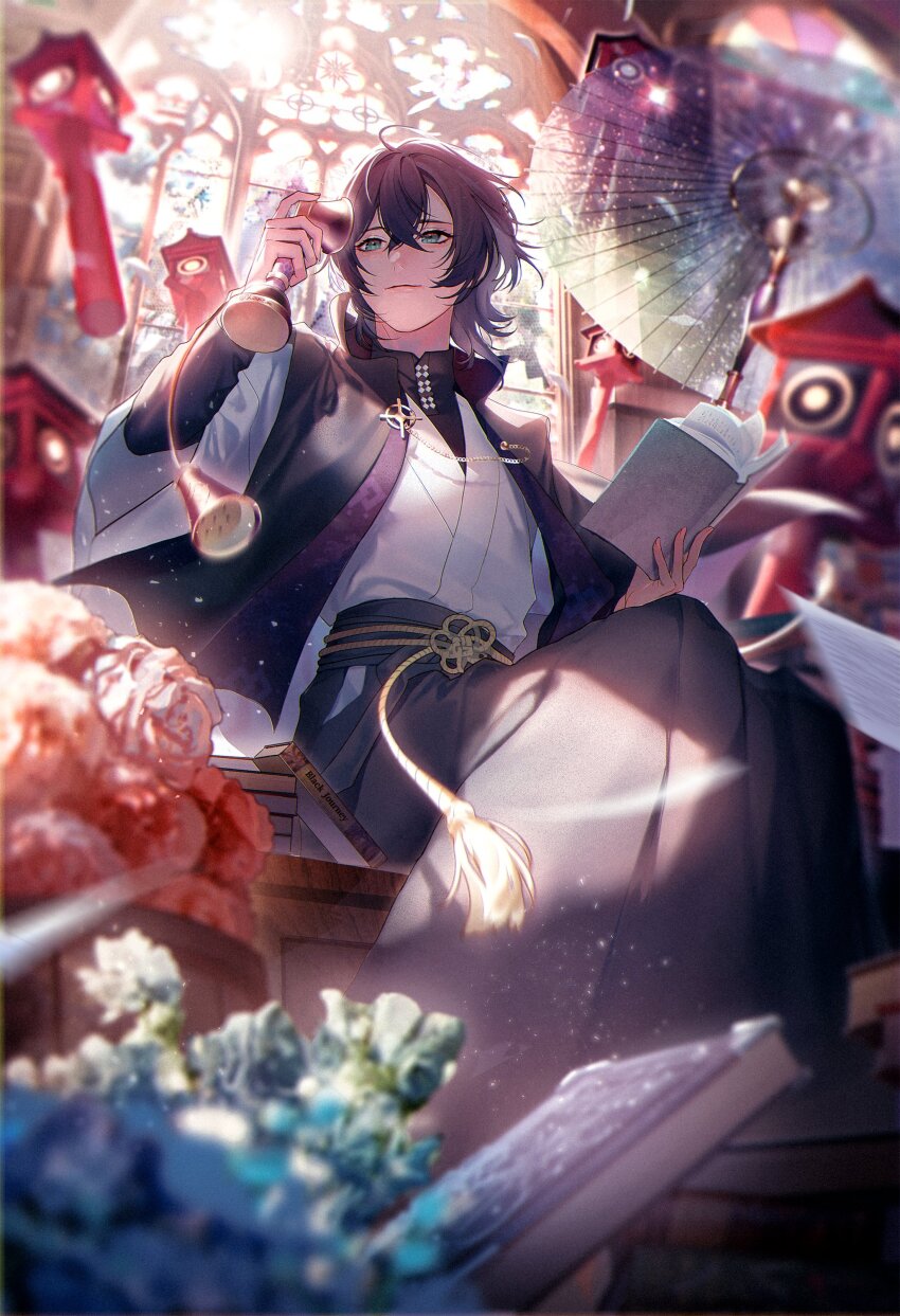 1boy, absurdres, antique_phone, black_capelet, black_hakama, black_shirt, blue_flower, blue_rose