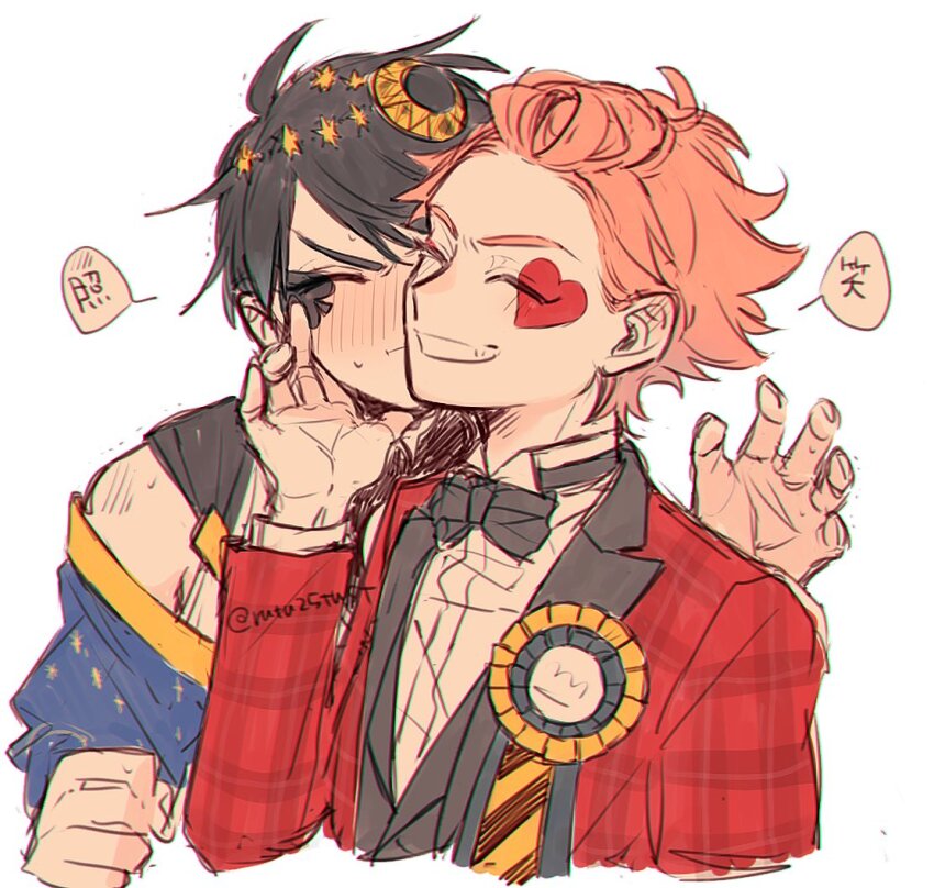 2boys, ace_trappola, ace_trappola_(suitor_suit), bangs_pinned_back, black_bow, black_bowtie, black_hair, black_vest