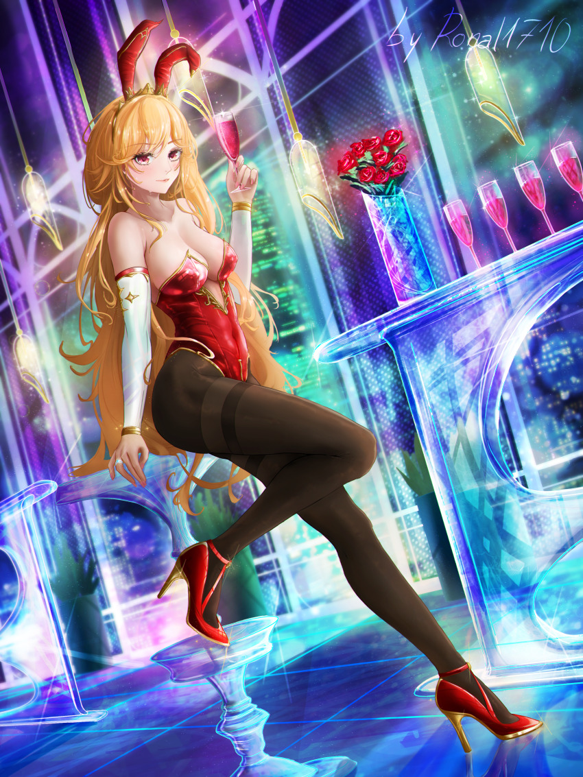 1girl, absurdres, alternate_costume, animal_ears, artist_name, azur_lane, bouquet, brown_pantyhose, center_opening, crystal, cup, detached_sleeves, fake_animal_ears, feather_boa, flower, from_side, full_body, gold_trim, high_heels, highleg, highleg_leotard, highres, holding, holding_cup, indoors, jewelry, leotard, long_hair, looking_at_viewer, looking_to_the_side, night, orange_hair, pantyhose, playboy_bunny, rabbit_ears, red_eyes, red_flower, red_leotard, red_rose, red_shoes, richelieu_(azur_lane), ring, ronal_1710, rose, shoes, solo, strapless, strapless_leotard, thighband_pantyhose, vase, very_long_hair, wedding_ring