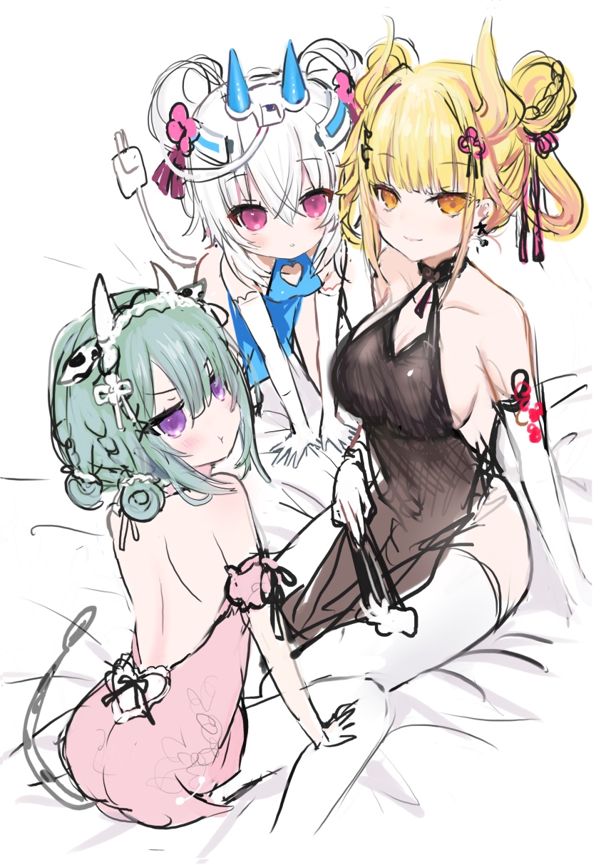 3girls, :t, absurdres, all_fours, amrzs_(vtuber), animal_ears, backless_dress, backless_outfit