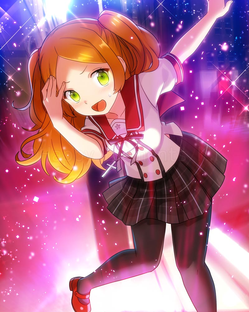 1girl, black_leggings, blue_background, ensemble_girls!, ensemble_girls_(artist), gradient_background, green_eyes, half_updo, kimisaki_school_uniform, leggings, multicolored_background, official_art, open_mouth, orange_hair, pink_background, plaid_clothes, plaid_skirt, purple_background, red_footwear, school_uniform, serafuku, shirt, short_sleeves, skirt, smile, sparkle, tsukinaga_ruka, twintails, white_shirt