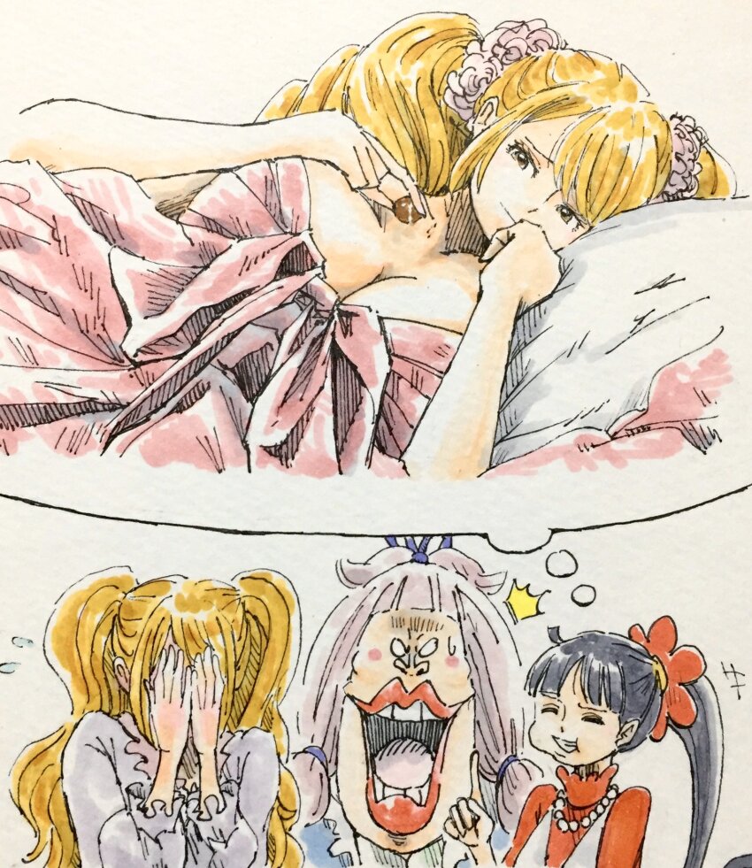 3girls, bare_shoulders, bed, black_eyes, black_hair, blush, breasts, brown_eyes, brown_hair, charlotte_chiffon, charlotte_flampe, charlotte_pudding, chocolate, cleavage, dress, drill_hair, embarrassed, gamenamepuipui, grabbing_another's_hand, hair_ornament, hair_ribbon, highres, large_breasts, lips, long_hair, looking_at_viewer, lying, multiple_girls, on_bed, one_piece, ribbon, siblings, simple_background, sisters, thinking, traditional_media, twintails, veil, very_long_hair, white_background