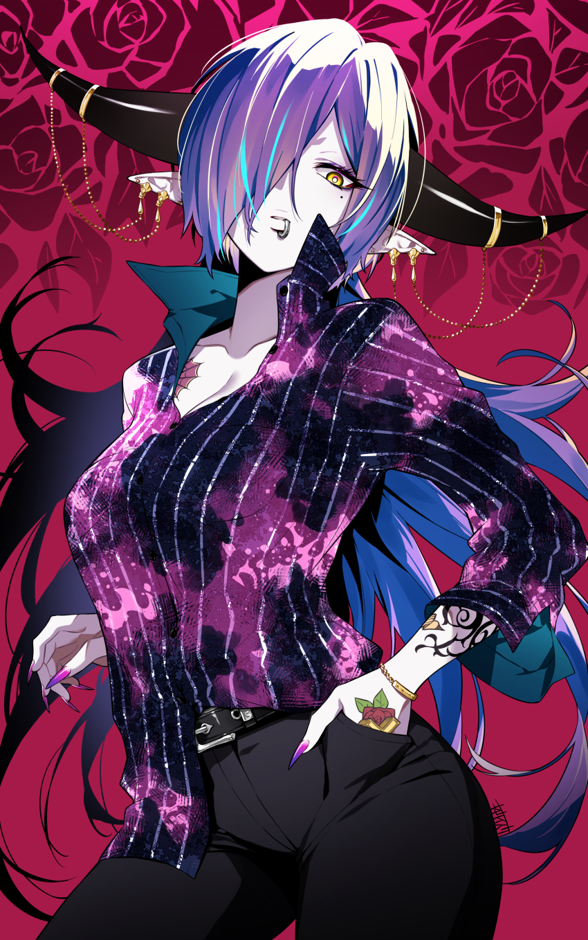 1girl, absurdres, arm_tattoo, belt, black_belt, black_horns, black_pants, black_shirt