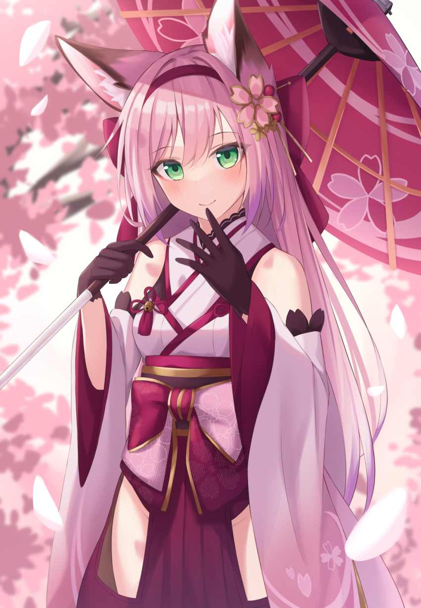 1girl, animal_ear_fluff, animal_ears, azur_lane, bare_shoulders, blush, bow, cherry_blossoms