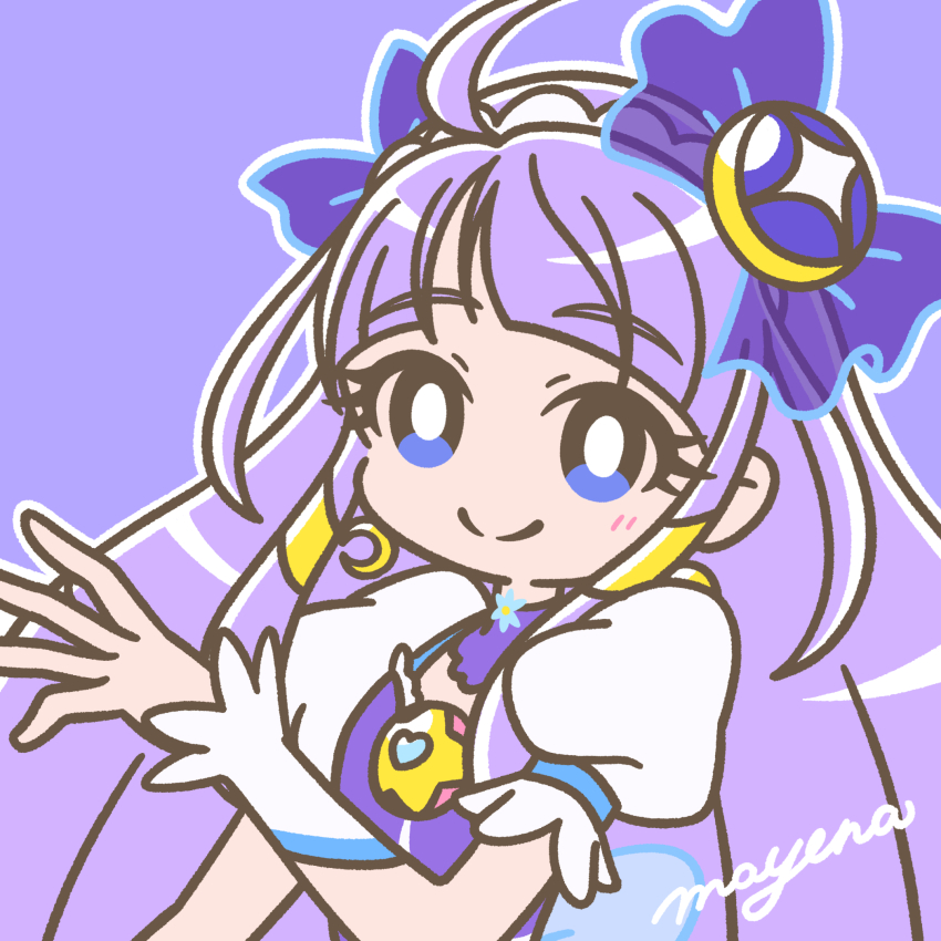 1girl, ahoge, artist_name, blue_eyes, blunt_bangs, bow, closed_mouth, crescent