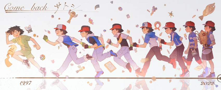 1boy, age_progression, ash_ketchum, black_hair, black_pants, blue_jacket, capri_pants, character_name