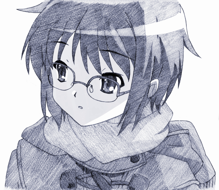 10s, 1girl, bad_id, bad_pixiv_id, female_focus, glasses, miamai, monochrome