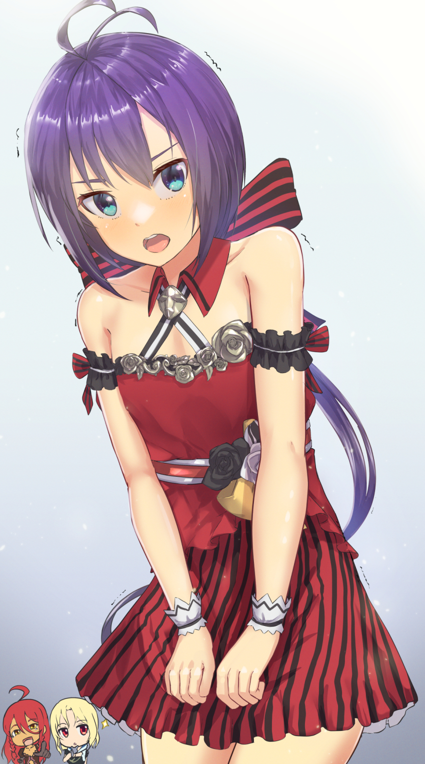 1boy, 2girls, ahoge, antenna_hair, blonde_hair, blue_eyes, chibi, chibi_inset, crossdressing, dark-skinned_female, dark_skin, dress, embarrassed, ferdows, gradient_background, highres, kokubyaku_no_avesta, long_hair, looking_at_viewer, low_ponytail, multiple_girls, okina_(805197), ponytail, purple_hair, quinn_(kokubyaku_no_avesta), red_dress, red_eyes, red_hair, samrukh_(kokubyaku_no_avesta), shinza_bansho_series, trap, trembling, yellow_eyes