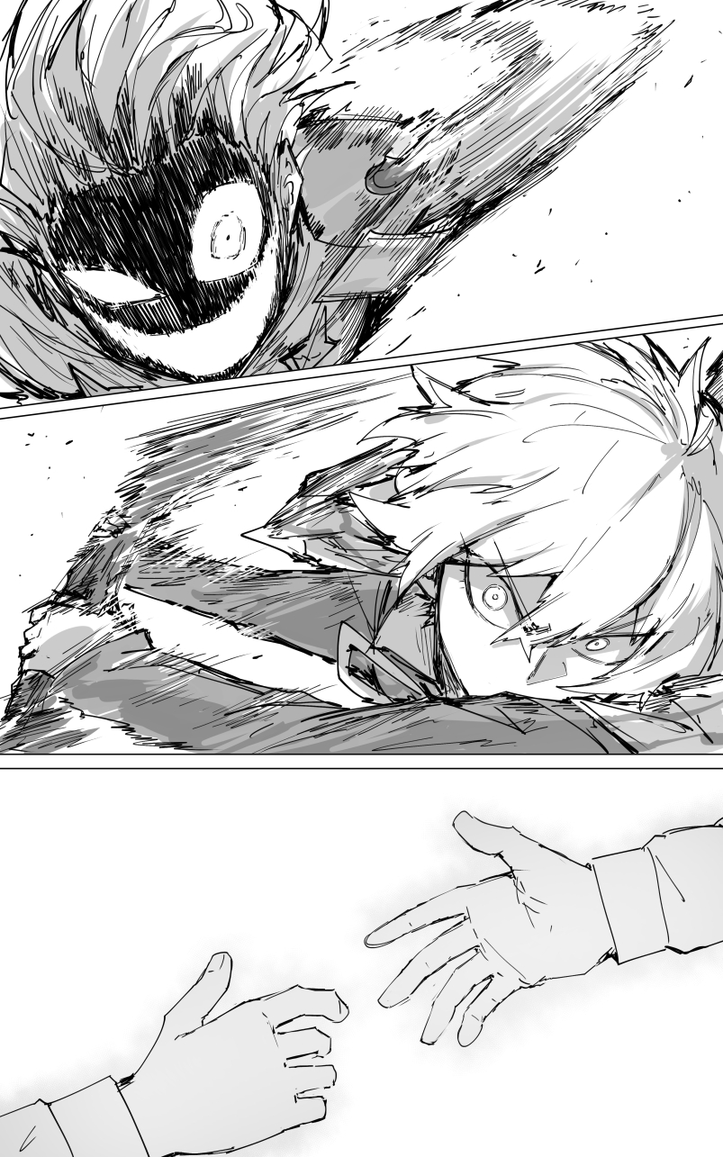 1boy, 1girl, branch_of_knowledge_(e.g.o), comic, crazy, crazy_eyes, crazy_smile, e.g.o_(project_moon), highres, holding, holding_weapon, kankan33333, kromer_(project_moon), limbus_company, long_sleeves, medium_hair, monochrome, project_moon, reaching, sinclair_(project_moon), smile, spoilers, swinging, weapon