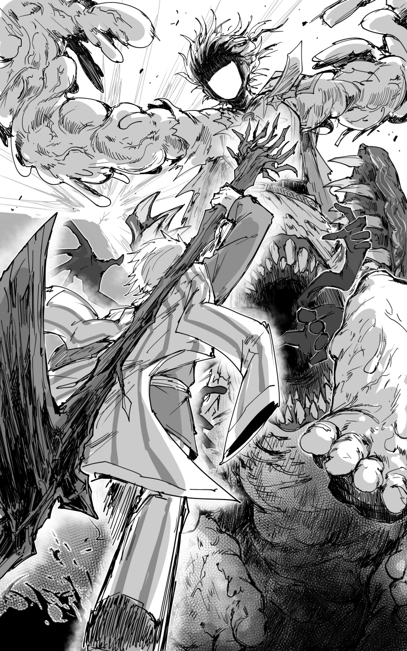 1boy, 1girl, axe, branch_of_knowledge_(e.g.o), coat, coat_on_shoulders, comic, duel