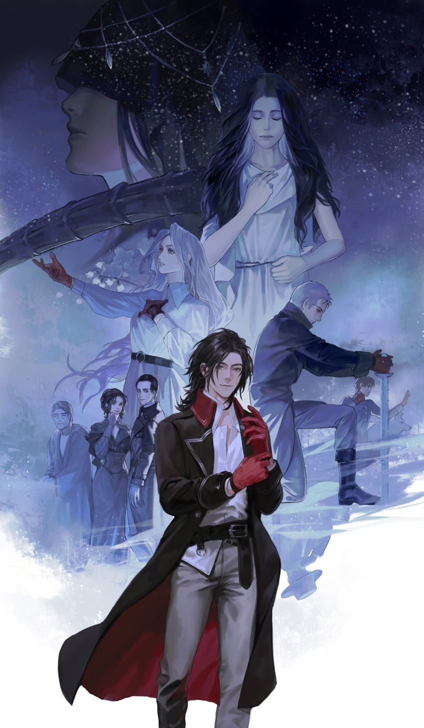 4girls, 6+boys, abstract_background, absurdres, adjusting_clothes, adjusting_gloves, angel, angel_of_concealment, belt, black_dress, black_hair, black_jacket, black_veil, boots, brown_hair, brown_skirt, chinese_commentary, closed_eyes, coat, commentary_request, crestet_cesimir, daly_simone, dress, dunn_smith, evernight_goddess, gloves, green_eyes, grey_pants, hat, highres, holding, holding_sword, holding_weapon, jacket, klein_moretti, kneeling, leonard_mitchell, long_hair, looking_at_viewer, lord_of_the_mysteries, multiple_boys, multiple_girls, night, old_neil, owl_taro, pants, planted, planted_sword, planted_weapon, red_gloves, robe, shirt, skirt, sky, star_(sky), starry_sky, sword, veil, weapon, white_dress, white_hair, white_shirt, wolf