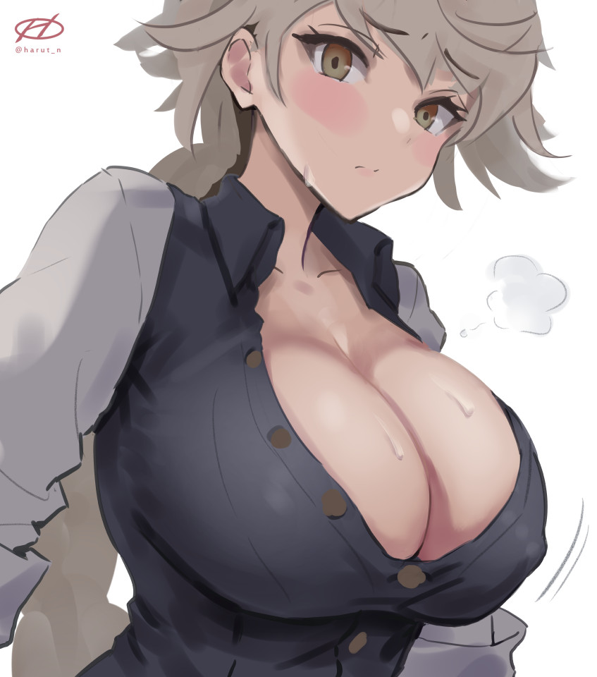 1girl, alternate_costume, asymmetrical_hair, blush, braid, braided_ponytail, breasts, cleavage, covered_erect_nipples, haruto_(harut_n), hot, kantai_collection, large_breasts, long_hair, long_sleeves, looking_at_viewer, open_clothes, open_shirt, open_vest, simple_background, single_braid, solo, sweat, unryuu_(kancolle), upper_body, very_long_hair, vest, wavy_hair, white_background, white_hair, yellow_eyes