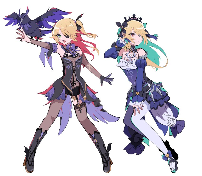 1girl, absurdres, alternate_eye_color, bare_shoulders, bat_ornament, bird, black_boots, black_ribbon