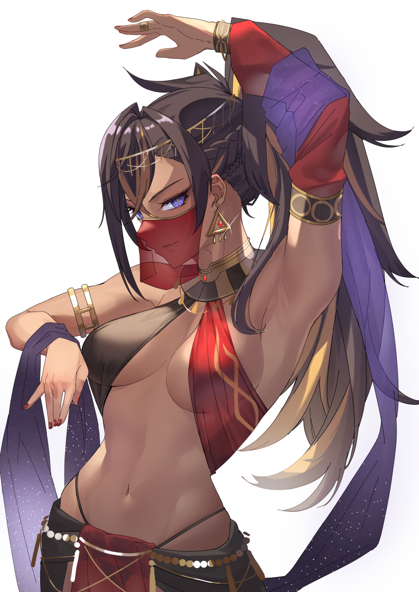 1girl, absurdres, alternate_costume, alternate_hairstyle, arm_up, armlet, armpits, asymmetrical_clothes, bare_shoulders, black_hair, black_panties, black_skirt, blonde_hair, blue_eyes, breasts, circlet, crossed_bangs, dark-skinned_female, dark_skin, dehya_(genshin_impact), detached_sleeves, genshin_impact, gold_choker, hair_between_eyes, hair_ears, hair_intakes, harem_outfit, highleg, highleg_panties, highres, jewelry, large_breasts, long_hair, looking_at_viewer, mouth_veil, multicolored_hair, nail_polish, navel, panties, pelvic_curtain, ponytail, purple_shawl, red_nails, red_sleeves, ring, see-through_clothes, shawl, single_detached_sleeve, skirt, smile, solo, stomach, streaked_hair, toned, two-tone_hair, underwear, veil, white_background, yamabuki7979, yellow_pupils