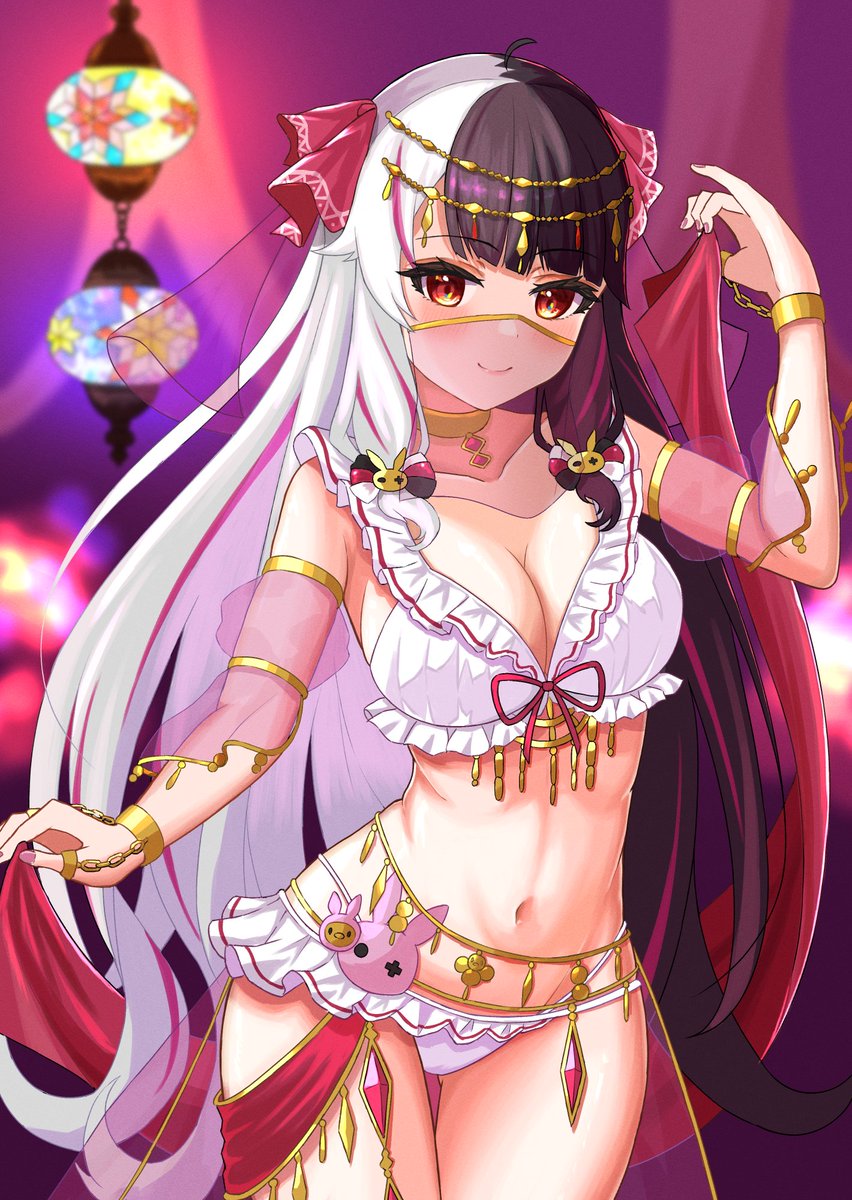 1girl, black_hair, breasts, cleavage, emobico, gold_choker, gold_trim, hair_ornament, harem_outfit, highres, large_breasts, long_hair, mouth_veil, multicolored_hair, navel, nijisanji, pink_hair, pink_nails, rabbit_hair_ornament, red_eyes, smile, solo, streaked_hair, two-tone_hair, veil, virtual_youtuber, white_hair, yorumi_rena, yorumi_rena_(7th_costume)