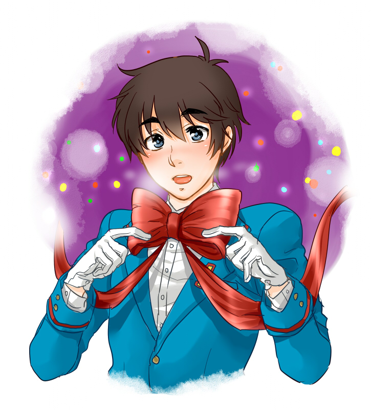 1boy, animification, antenna_hair, blue_eyes, bow, brown_hair, christmas_lights, gloves, hair_between_eyes, humanization, long_sleeves, looking_at_viewer, makina0127, male_focus, open_mouth, solo, teeth, thomas_the_tank_engine, thomas_the_tank_engine_(series), tongue, tongue_out, uniform, upper_body, upper_teeth_only, white_gloves