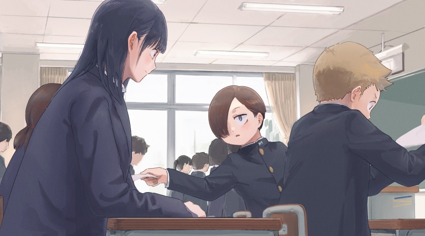 3girls, 5boys, adachi_shou, blue_eyes, boku_no_kokoro_no_yabai_yatsu, brown_eyes, brown_hair, chalkboard