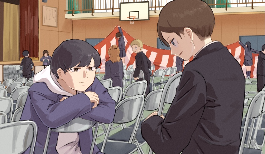 4girls, 5boys, adachi_shou, basketball_hoop, blonde_hair, blue_eyes, boku_no_kokoro_no_yabai_yatsu, brown_eyes