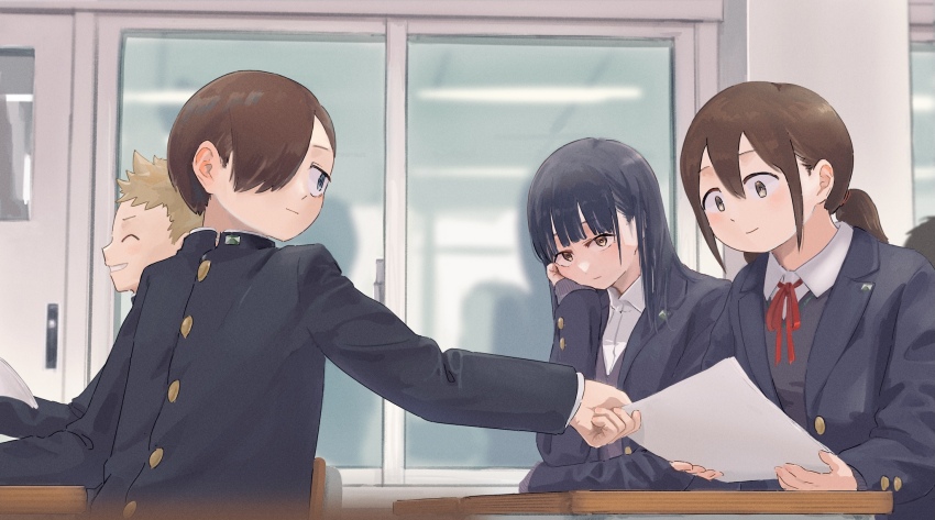 2boys, 2girls, adachi_shou, black_hair, black_jacket, blazer, blue_eyes, blue_jacket