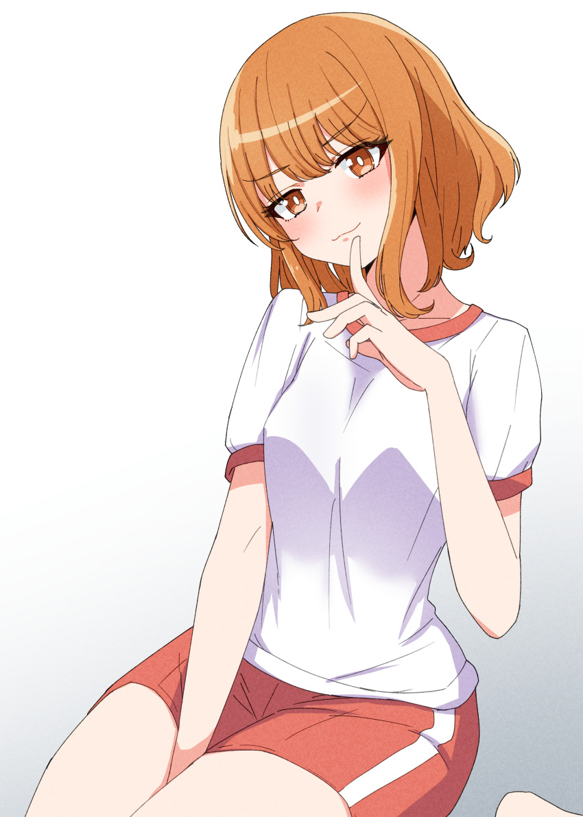 1girl, absurdres, barefoot, boku_no_kokoro_no_yabai_yatsu, brown_eyes, brown_hair, gradient_background, gym_uniform