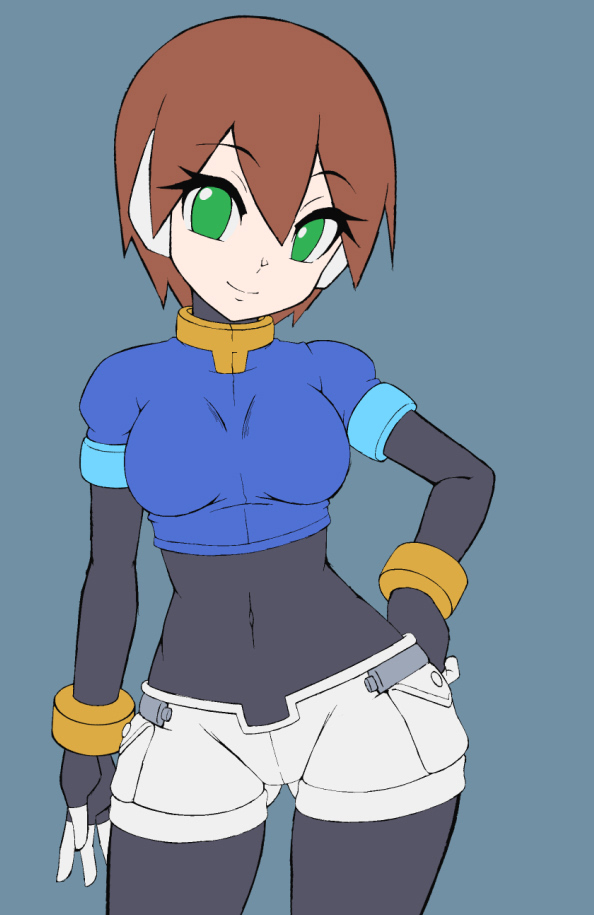 1girl, aile_(mega_man_zx), black_bodysuit, bodysuit, breasts, brown_hair, crop_top, female_focus
