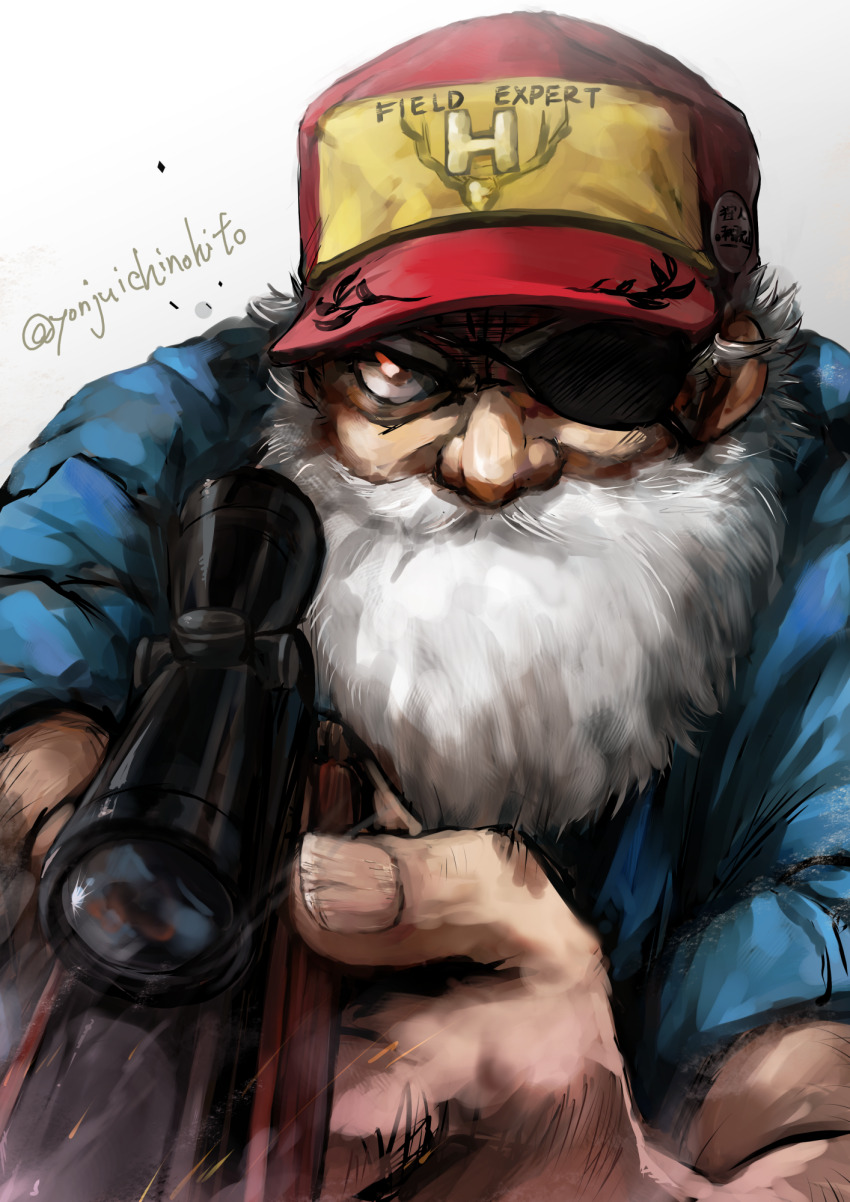 1boy, badge, baseball_cap, beard, blue_shirt, button_badge, eyepatch, facial_hair