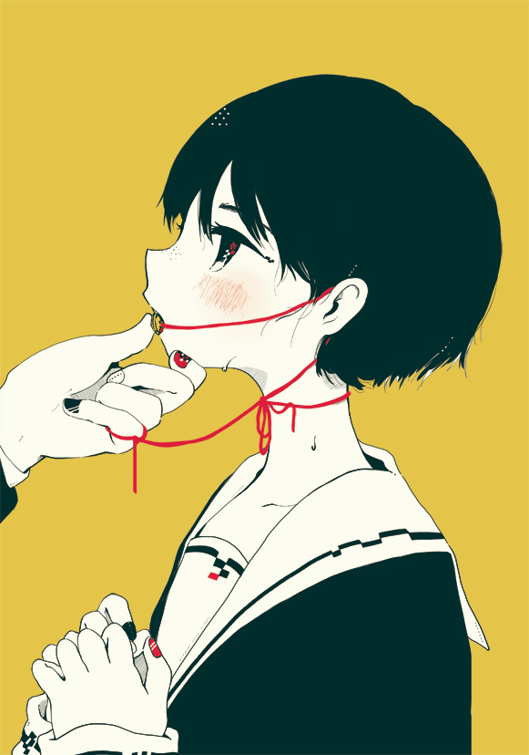 1boy, 1girl, blush, chisuke, collarbone, commentary, flower, flower_in_eye