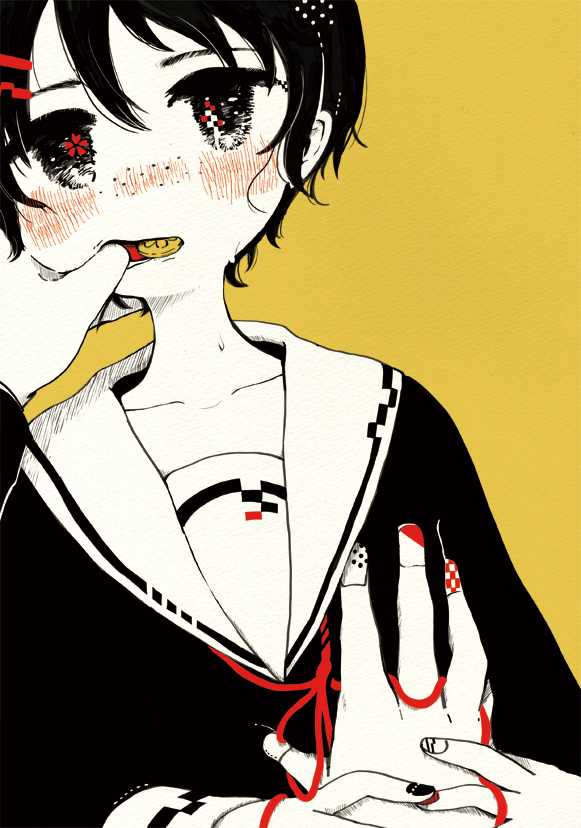 1boy, 1girl, blush, chisuke, collarbone, commentary, english_commentary, finger_in_another's_mouth, flower, flower_in_eye, freckles, grabbing_another's_breast, groping, hair_ornament, hairclip, hand_grab, hand_on_another's_chest, limited_palette, long_sleeves, looking_at_viewer, mixed-language_commentary, mouth_hold, mouth_pull, multicolored_nails, nose_blush, open_mouth, original, pov, pov_hands, red_flower, school_uniform, second_button, serafuku, short_hair, simple_background, string, string_of_fate, sweat, symbol_in_eye, upper_body, wavy_eyes, yellow_background