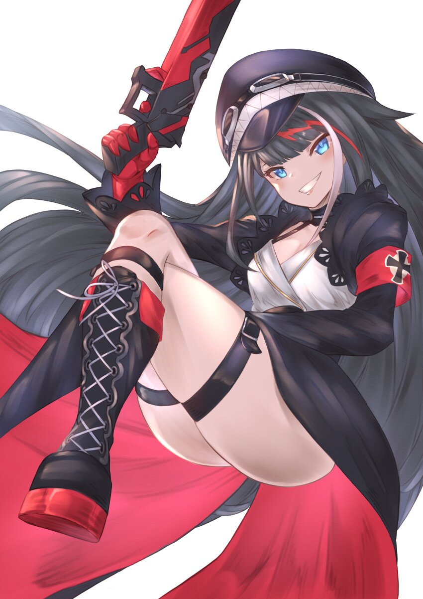 1girl, absurdres, armband, azur_lane, black_boots, black_hair, blue_eyes, boots