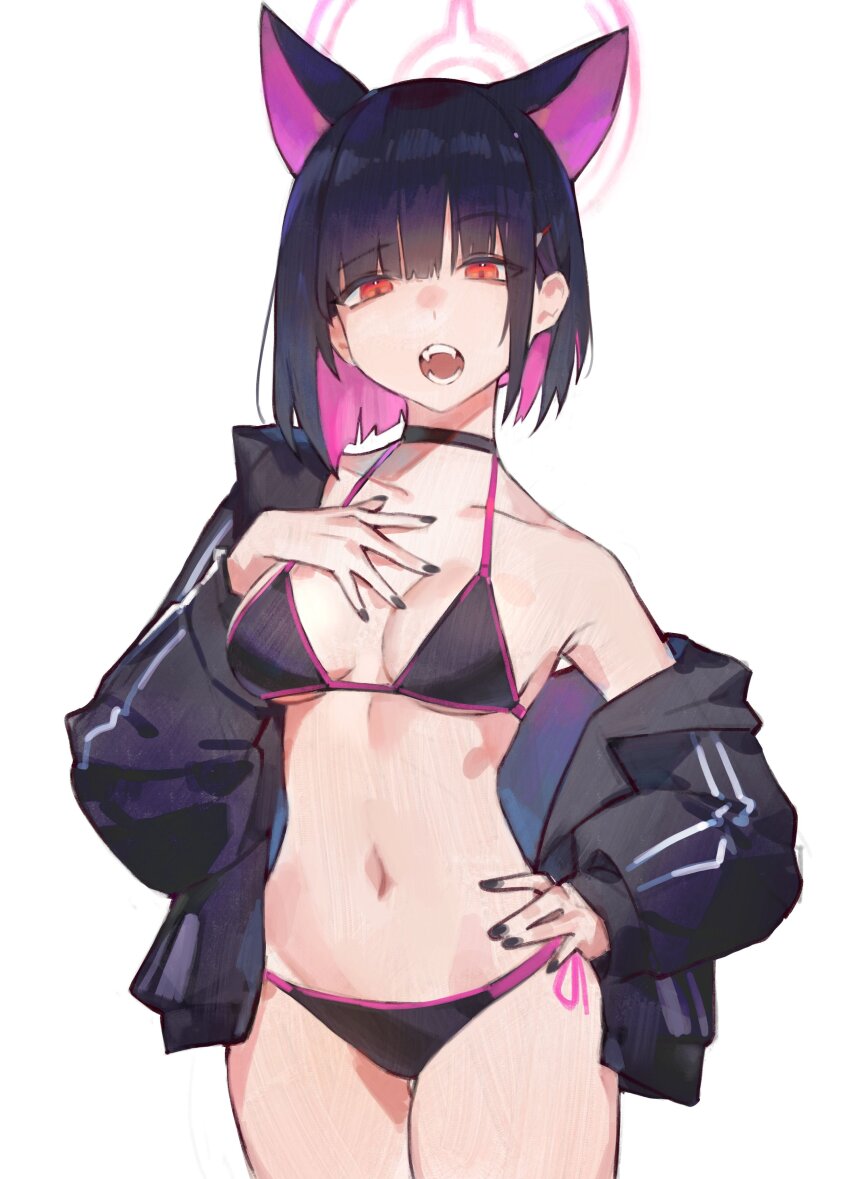 1girl, absurdres, animal_ears, bikini, black_bikini, black_jacket, black_nails, blue_archive