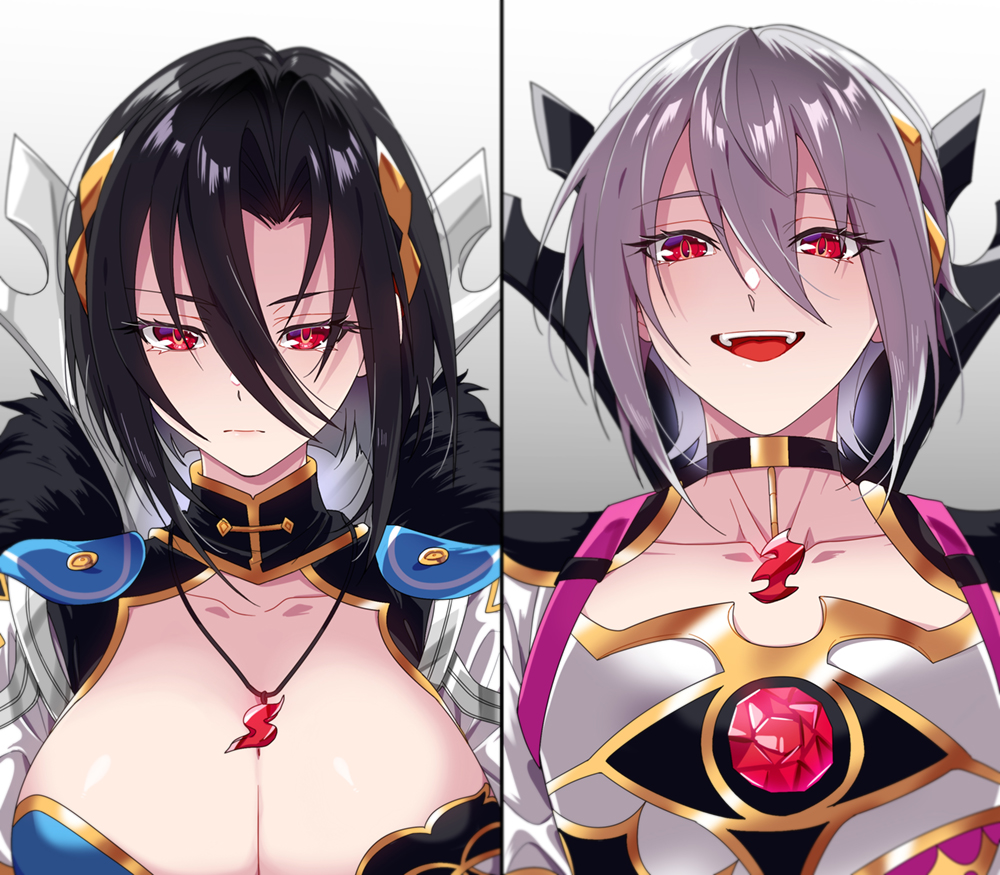 1boy, 1girl, asymmetrical_bangs, black_hair, breasts, brother_and_sister, choker, cleavage