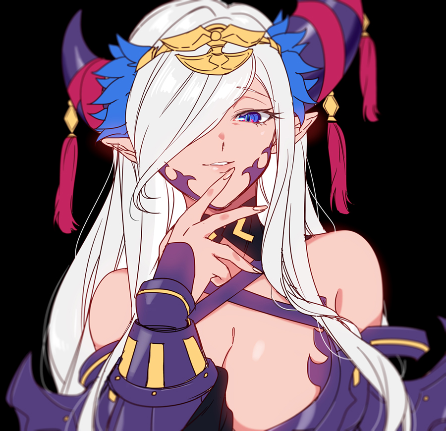 1girl, armor, bare_shoulders, blue_eyes, breasts, cleavage, cleavage_cutout, clothing_cutout, dragon_girl, fire_emblem, fire_emblem_engage, hair_ornament, hair_over_one_eye, hand_on_own_face, hiiroisgundam, horns, large_breasts, long_hair, looking_at_viewer, nintendo, pointy_ears, simple_background, solo, white_hair, zephia_(fire_emblem)