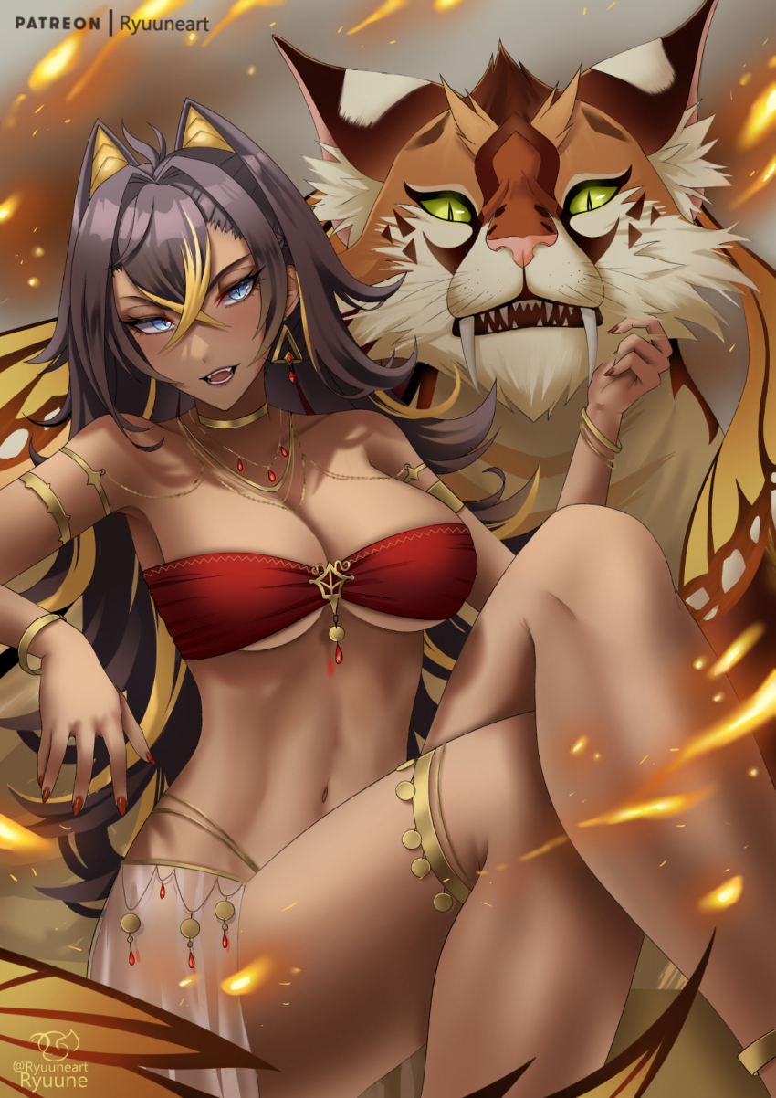 1girl, alternate_costume, animal, armlet, artist_name, bandeau, bare_shoulders, black_hair, blonde_hair, blue_eyes, bracelet, breasts, cleavage, collarbone, crossed_bangs, crossed_legs, dark-skinned_female, dark_skin, dehya_(genshin_impact), earrings, fangs, fire, floating_earrings, gem, genshin_impact, gold_choker, hair_between_eyes, hair_ears, hair_intakes, highres, jewelry, large_breasts, long_hair, looking_at_viewer, multicolored_hair, nail_polish, navel, necklace, open_mouth, patreon_username, red_bandeau, red_gem, red_nails, rishboland_tiger_(genshin_impact), ryuuneart, signature, single_earring, sitting, skirt, smile, solo, stomach, streaked_hair, thighlet, thighs, toned, two-tone_hair, underboob