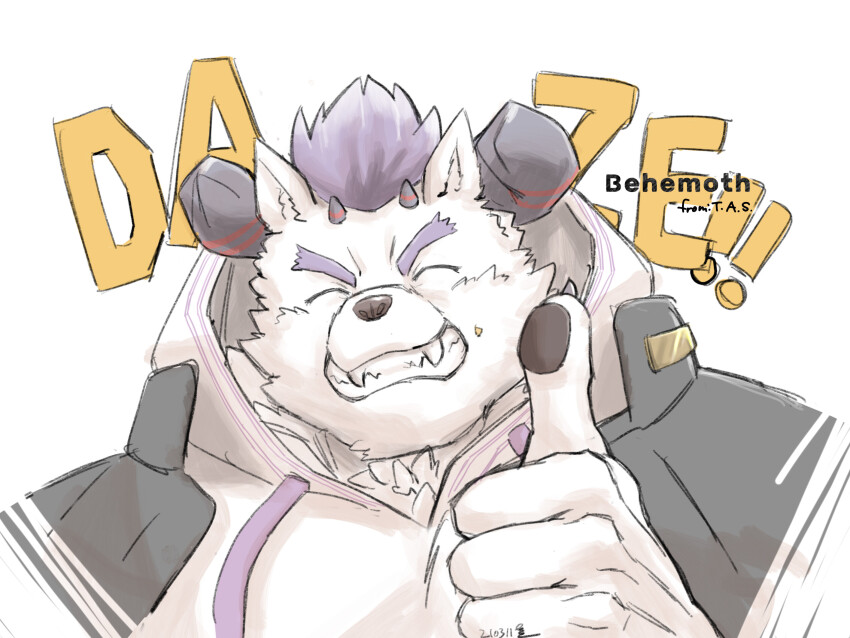 1boy, ^_^, bara, behemoth_(housamo), closed_eyes, facing_viewer, forked_eyebrows, furry