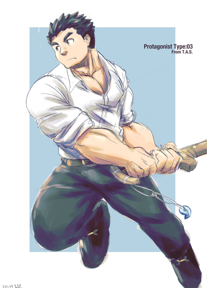 1boy, absurdres, bara, collared_shirt, full_body, highres, holding, holding_sword