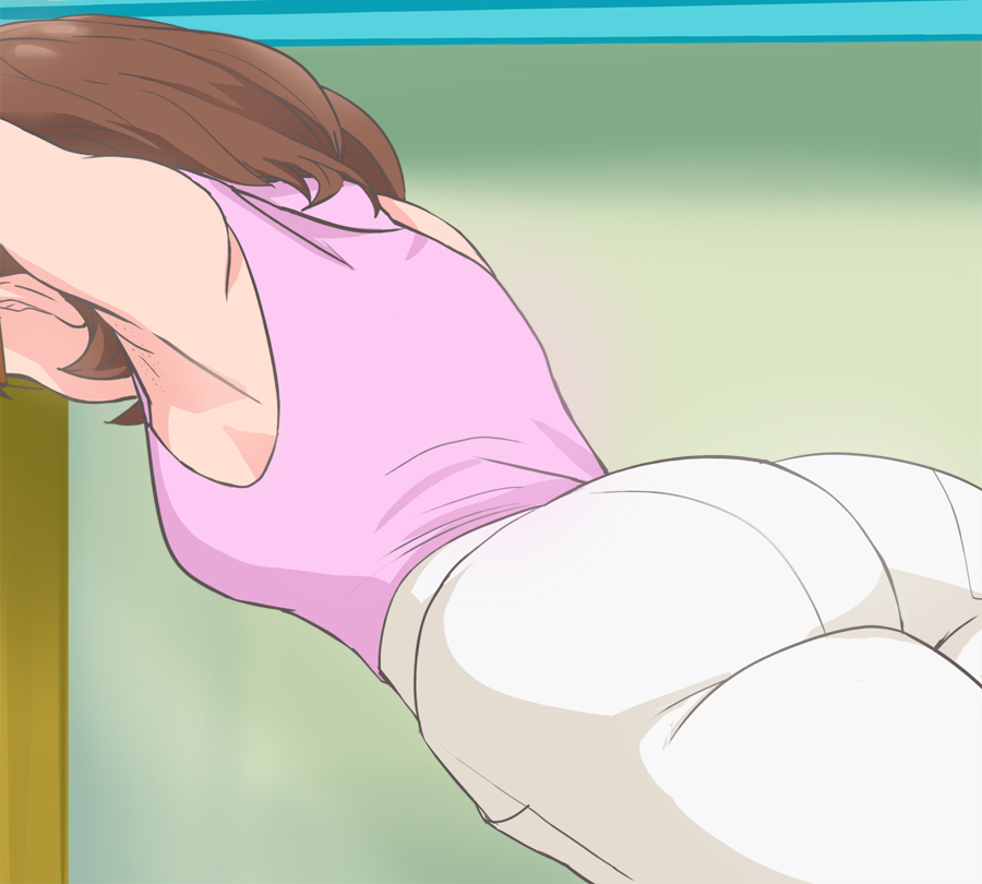 1girl, armpits, ass, breasts, brown_hair, glasses, haruyama_kazunori, indoors, medium_breasts, pants, pink_shirt, precure, sakuragawa_saki, shirt, short_hair, sleeveless, sleeveless_shirt, solo, standing, tropical-rouge!_precure, white_pants