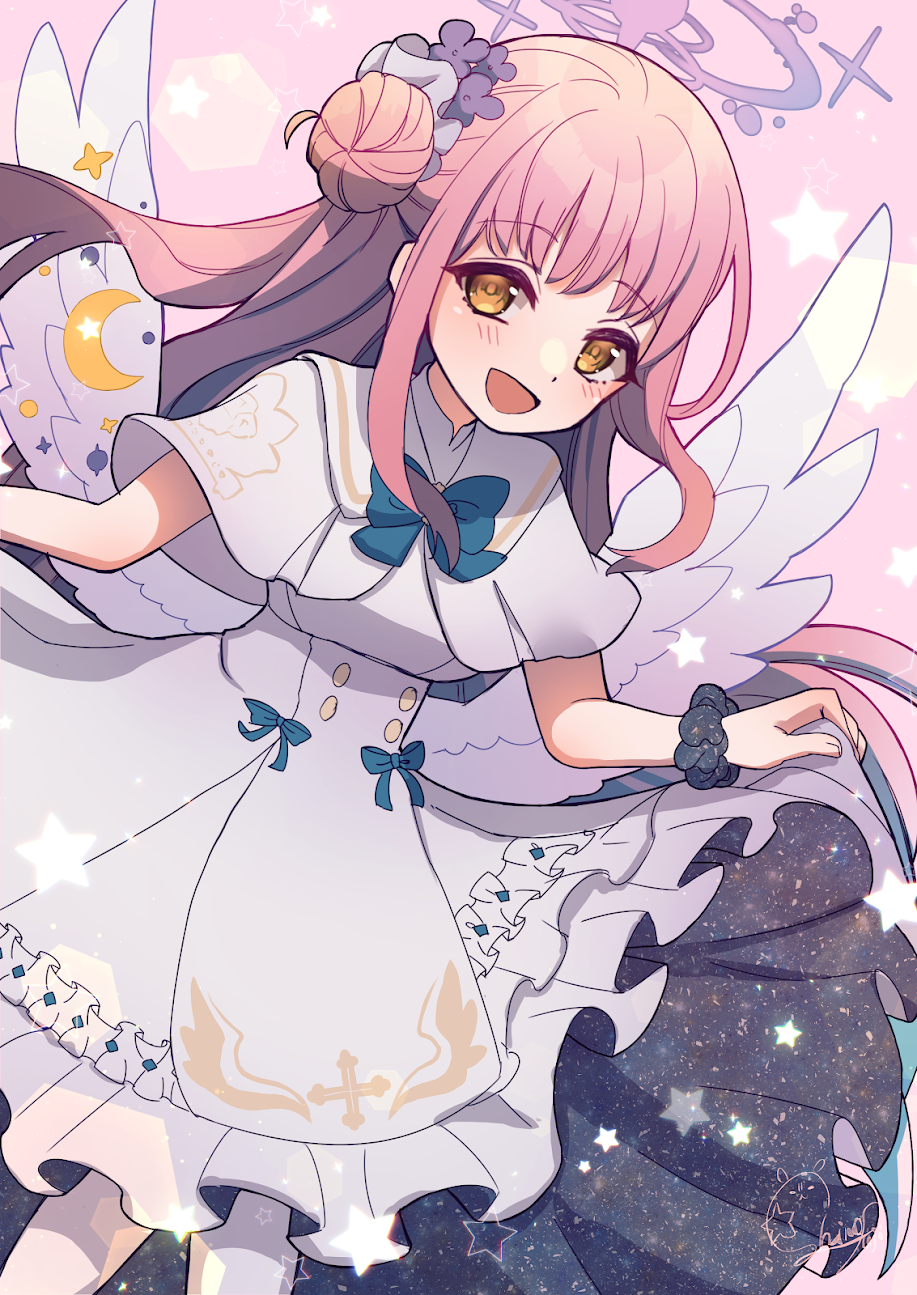 1girl, angel_wings, blue_archive, dress, hair_bun, halo, highres, long_hair