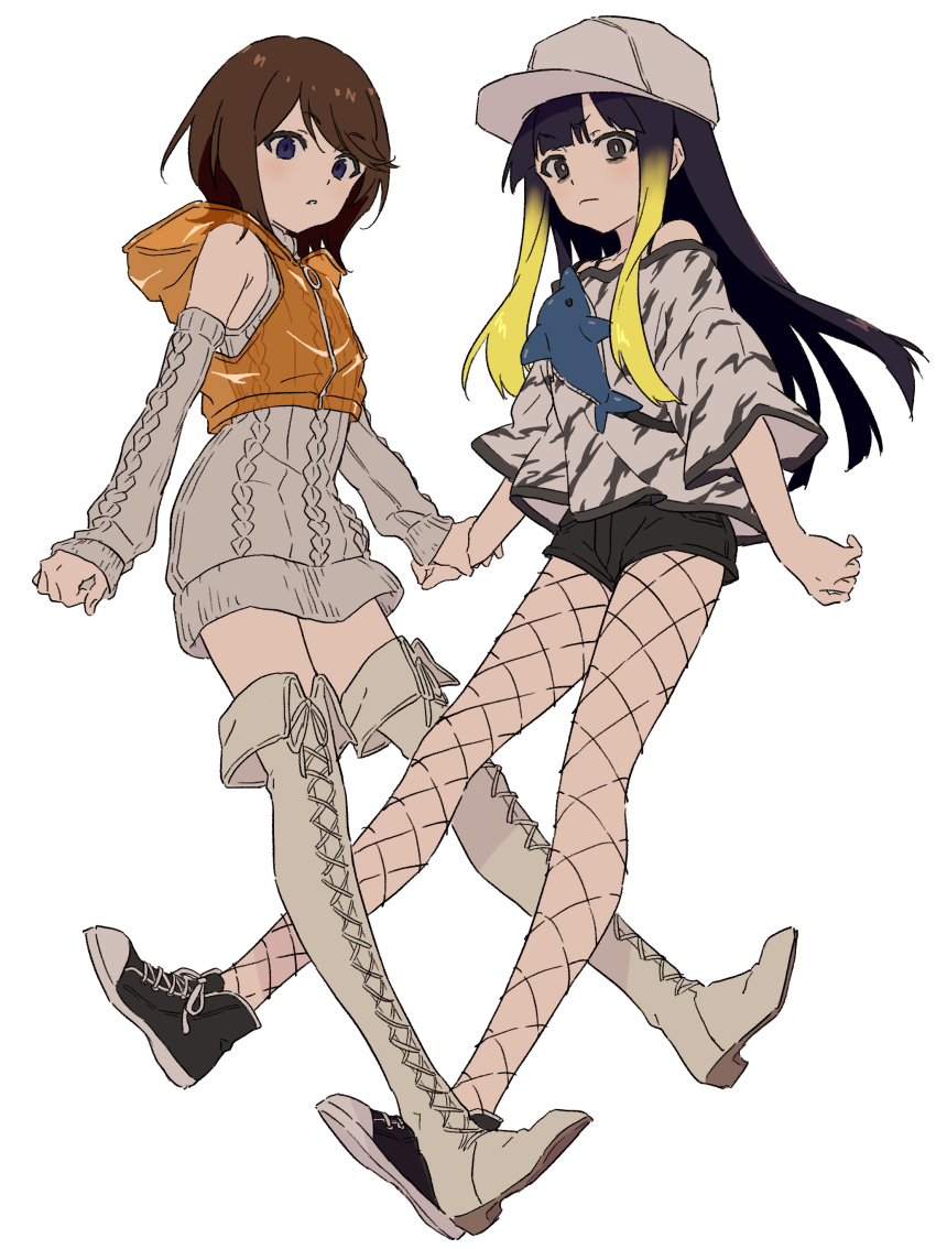 2girls, absurdres, animal_print, aran_sweater, arms_at_sides, bare_shoulders, baseball_cap, black_eyes