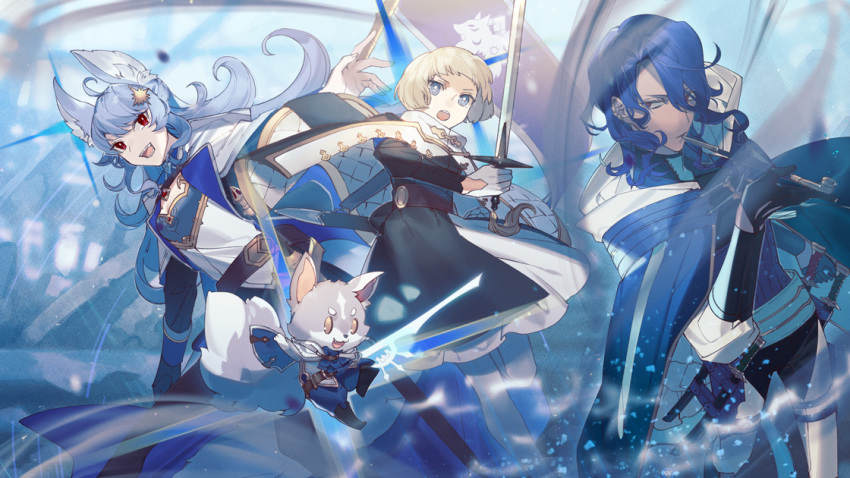 1boy, 2girls, :d, :o, blonde_hair, blue_eyes, blue_hair, cape, flag, furry, giselle_(pixiv_fantasia_last_saga), gloves, guivre_constellation, hair_over_one_eye, holding, holding_sword, holding_weapon, kiseru, long_hair, multiple_girls, open_mouth, pixiv_fantasia, pixiv_fantasia_last_saga, red_eyes, rezia, smile, smoking_pipe, sword, vitnir_flor, weapon, white_gloves, yellow_eyes
