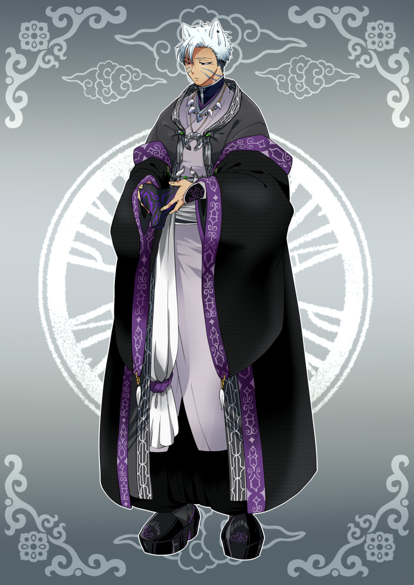 1boy, animal_ears, black_footwear, commentary_request, facial_mark, full_body, grey_background, handa_(sion621)