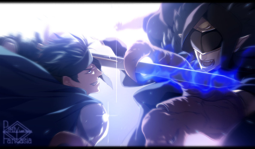 2boys, :o, ansudada_(pixiv_fantasia_last_saga), aura, battle, black_headband, clenched_teeth, copyright_name
