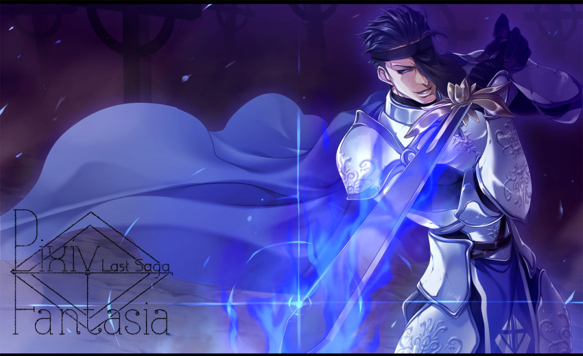 1boy, armor, aura, black_gloves, black_hair, blue_cape, blue_fire, cape