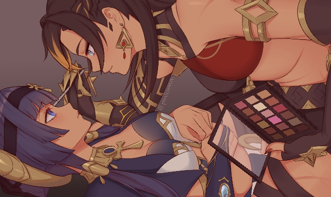 2girls, applying_another's_makeup, applying_makeup, black_gloves, blue_eyes, candace_(genshin_impact), cosmetics, dark-skinned_female