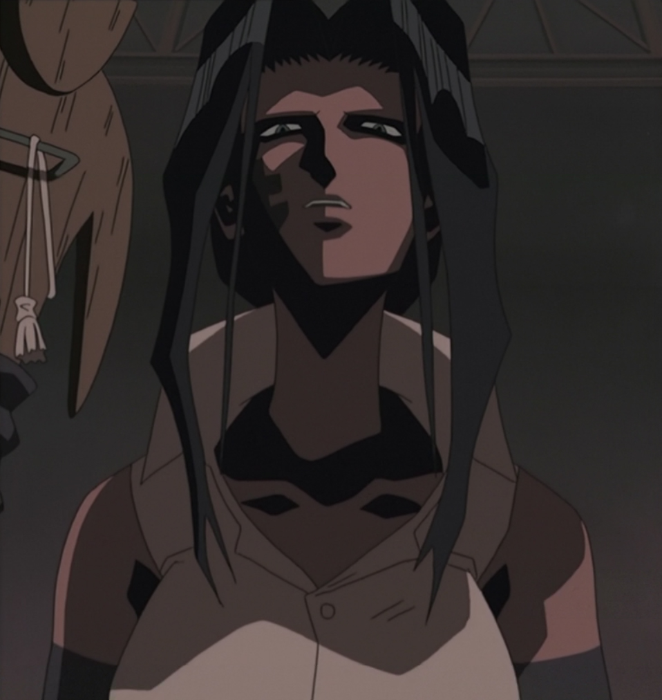 00s, 1girl, anime_screenshot, bare_shoulders, black_hair, blue_eyes, breasts, dark-skinned_female, dark_skin, facial_tattoo, large_breasts, lilirara, lips, long_hair, looking_at_viewer, low_ponytail, native_american, open_mouth, ponytail, ryona, serious, shaded_face, shaman_king, shoulder_tattoo, simple_background, solo, standing, tattoo, third-party_edit, very_long_hair